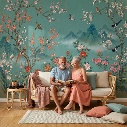 Çiçekli Kuşlu Poster Duvar Kağıdı Yeşil Manzaralı Salon