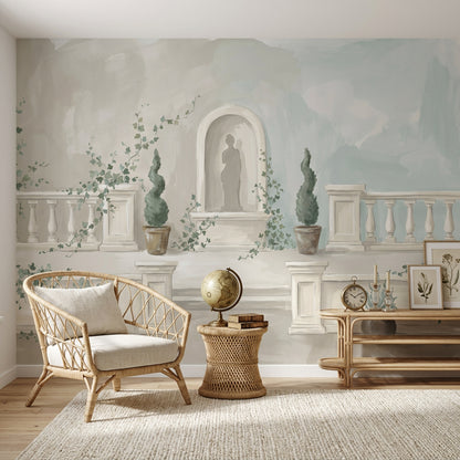 Teras Manzaralı Poster Duvar Kağıdı Pastel Yeşil Krem Salon