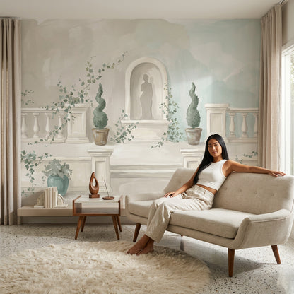 Teras Manzaralı Poster Duvar Kağıdı Pastel Yeşil Krem Salon