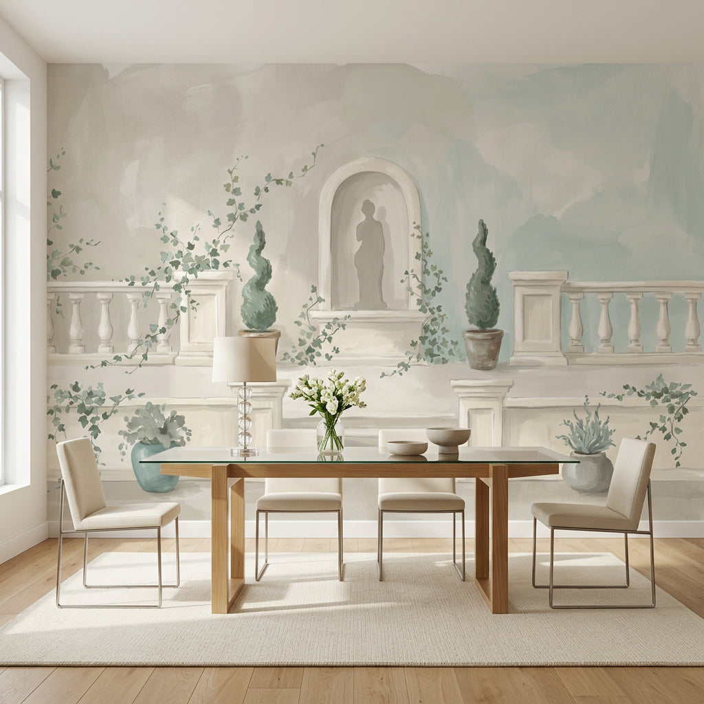 Teras Manzaralı Poster Duvar Kağıdı Pastel Yeşil Krem Salon