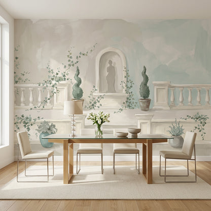 Teras Manzaralı Poster Duvar Kağıdı Pastel Yeşil Krem Salon