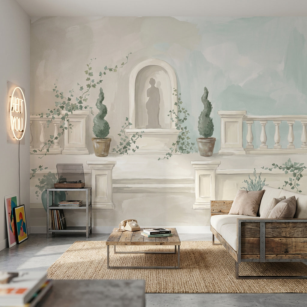 Teras Manzaralı Poster Duvar Kağıdı Pastel Yeşil Krem Salon