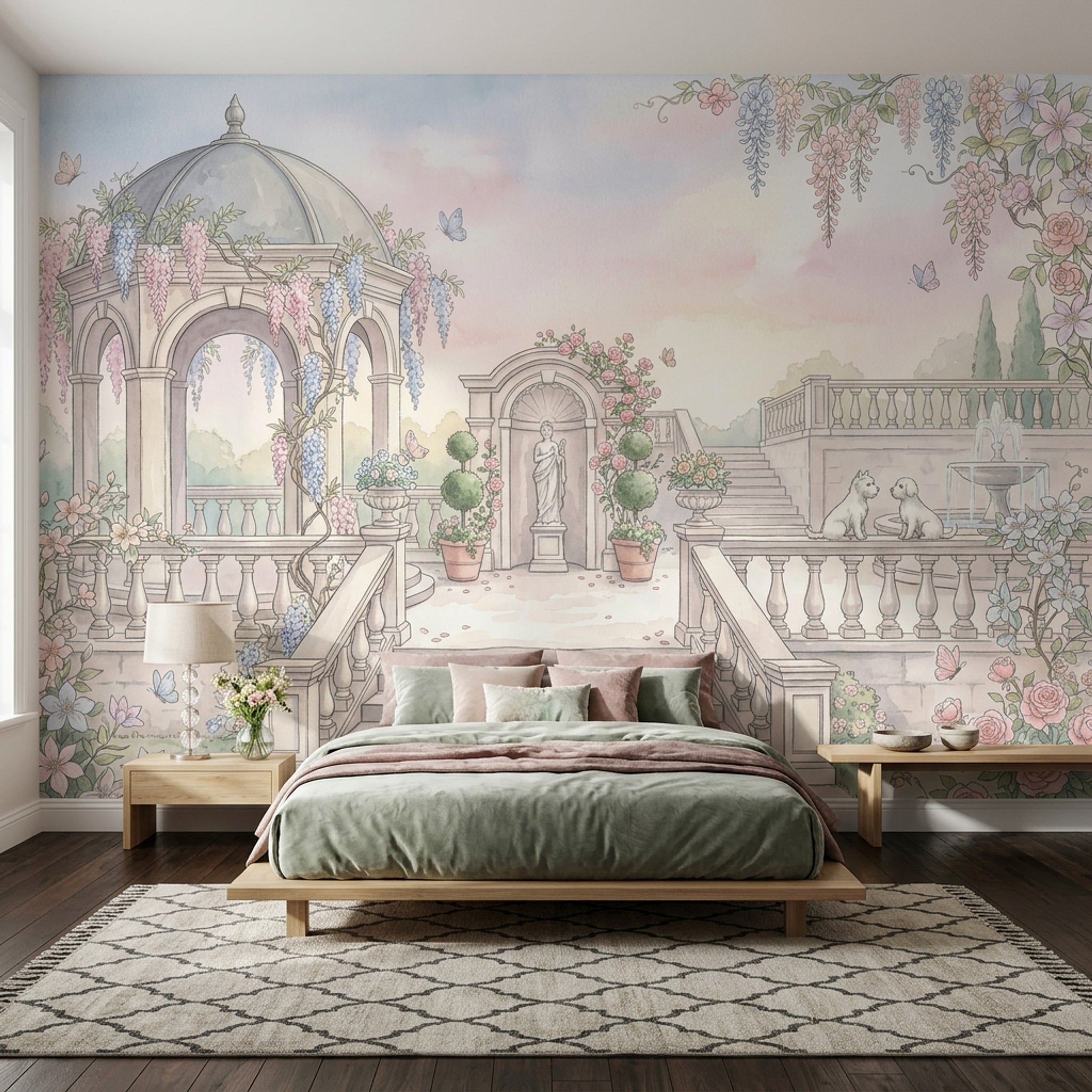 Romantik Bahçe Manzaralı Poster Duvar Kağıdı Pastel Gökyüzü Yatak Odası