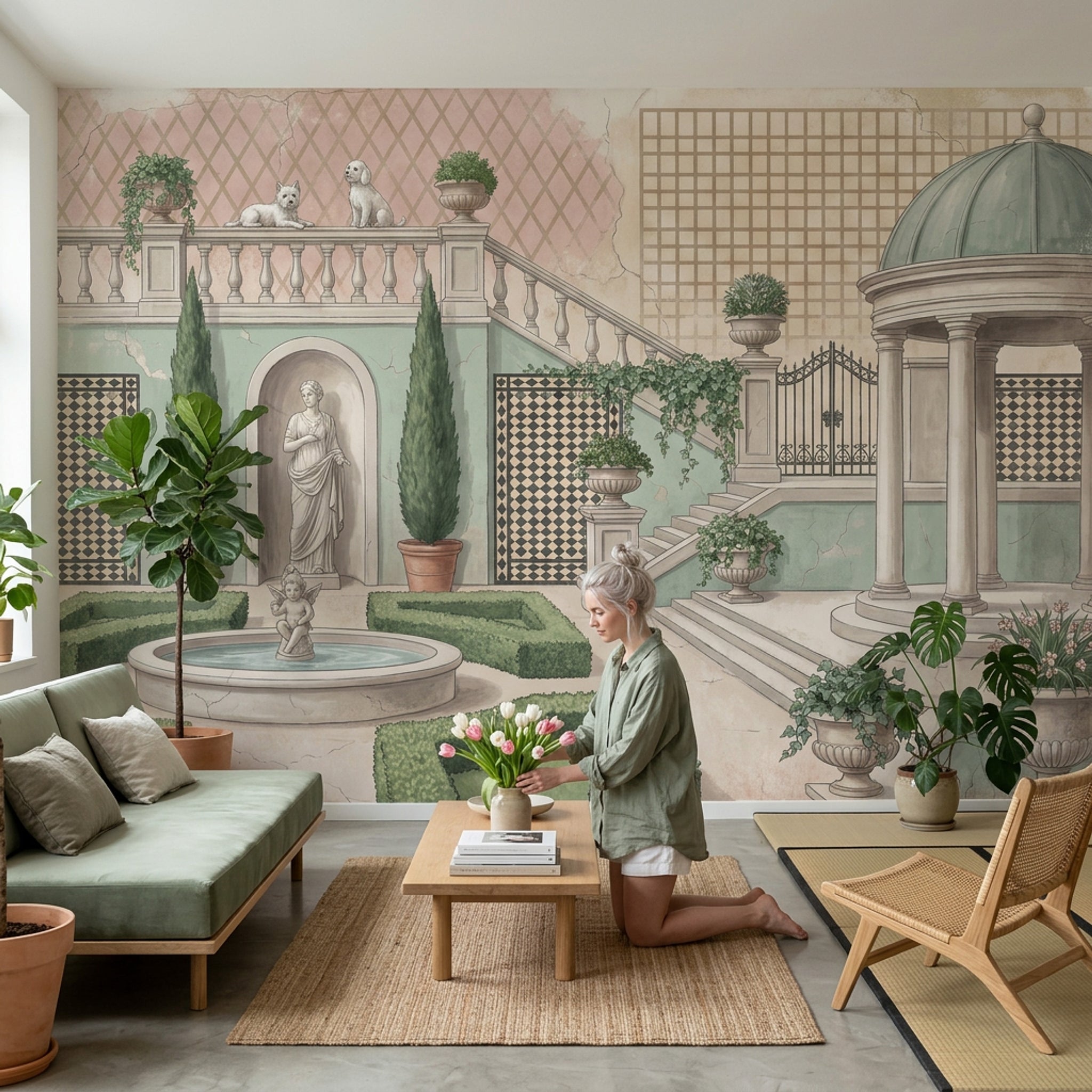 Klasik Avlu Manzaralı Poster Duvar Kağıdı Yeşil Salon