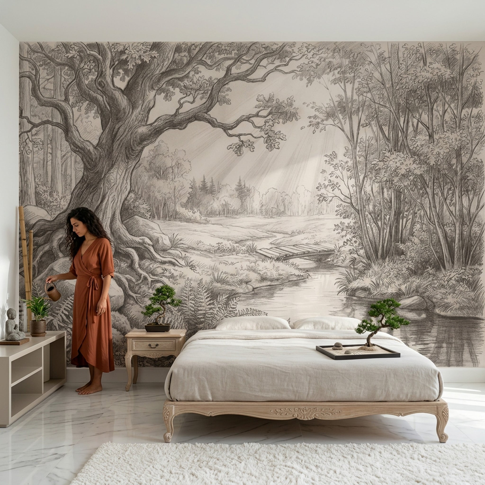 Orman Manzaralı Poster Duvar Kağıdı Siyah Beyaz Çizim Salon