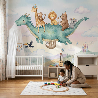 Uçan Dinozor Üzerinde Hayvanlar Poster Duvar Kağıdı Çocuk Odası