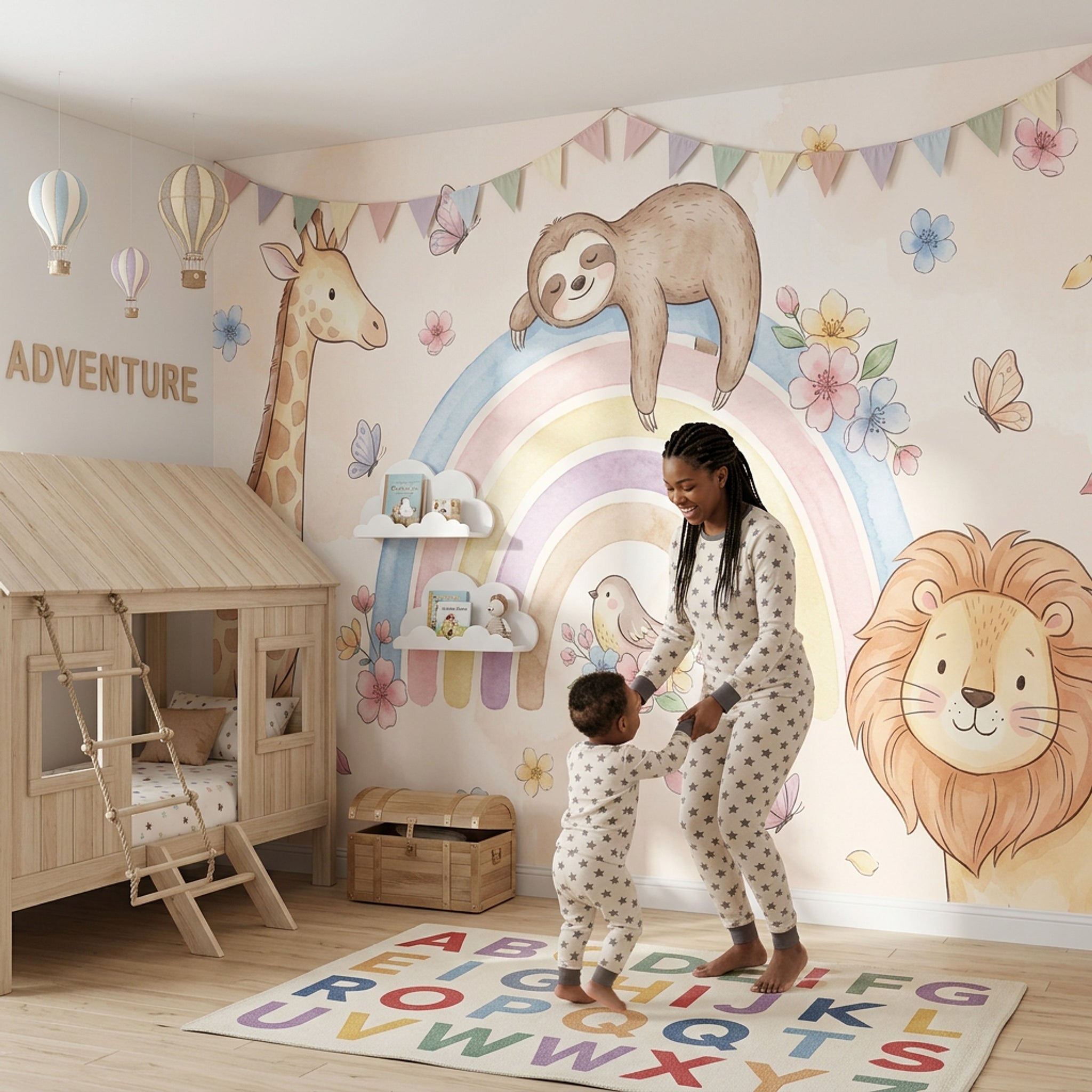 Pastel Gökkuşağı Hayvanlı Poster Duvar Kağıdı Bebek Odası