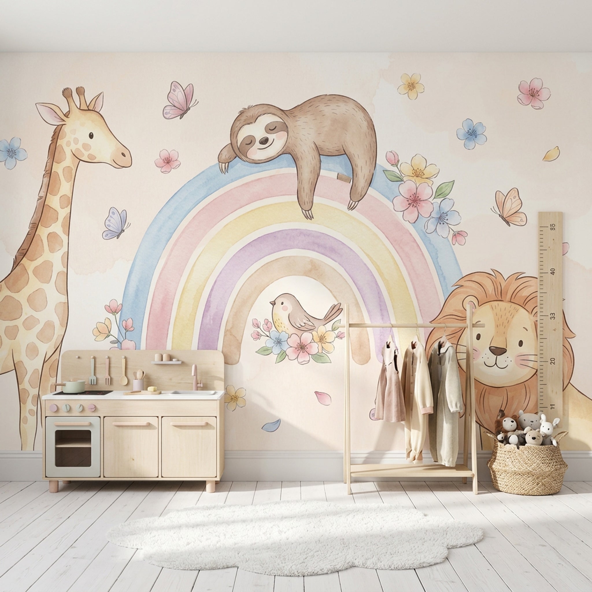 Pastel Gökkuşağı Hayvanlı Poster Duvar Kağıdı Bebek Odası