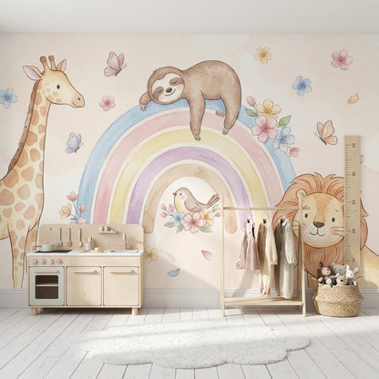 Pastel Gökkuşağı Hayvanlı Poster Duvar Kağıdı Bebek Odası