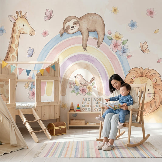 Pastel Gökkuşağı Hayvanlı Poster Duvar Kağıdı Bebek Odası