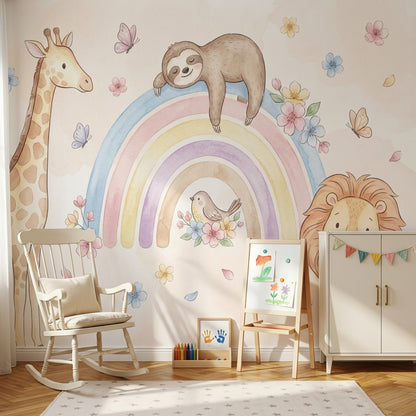Pastel Gökkuşağı Hayvanlı Poster Duvar Kağıdı Bebek Odası