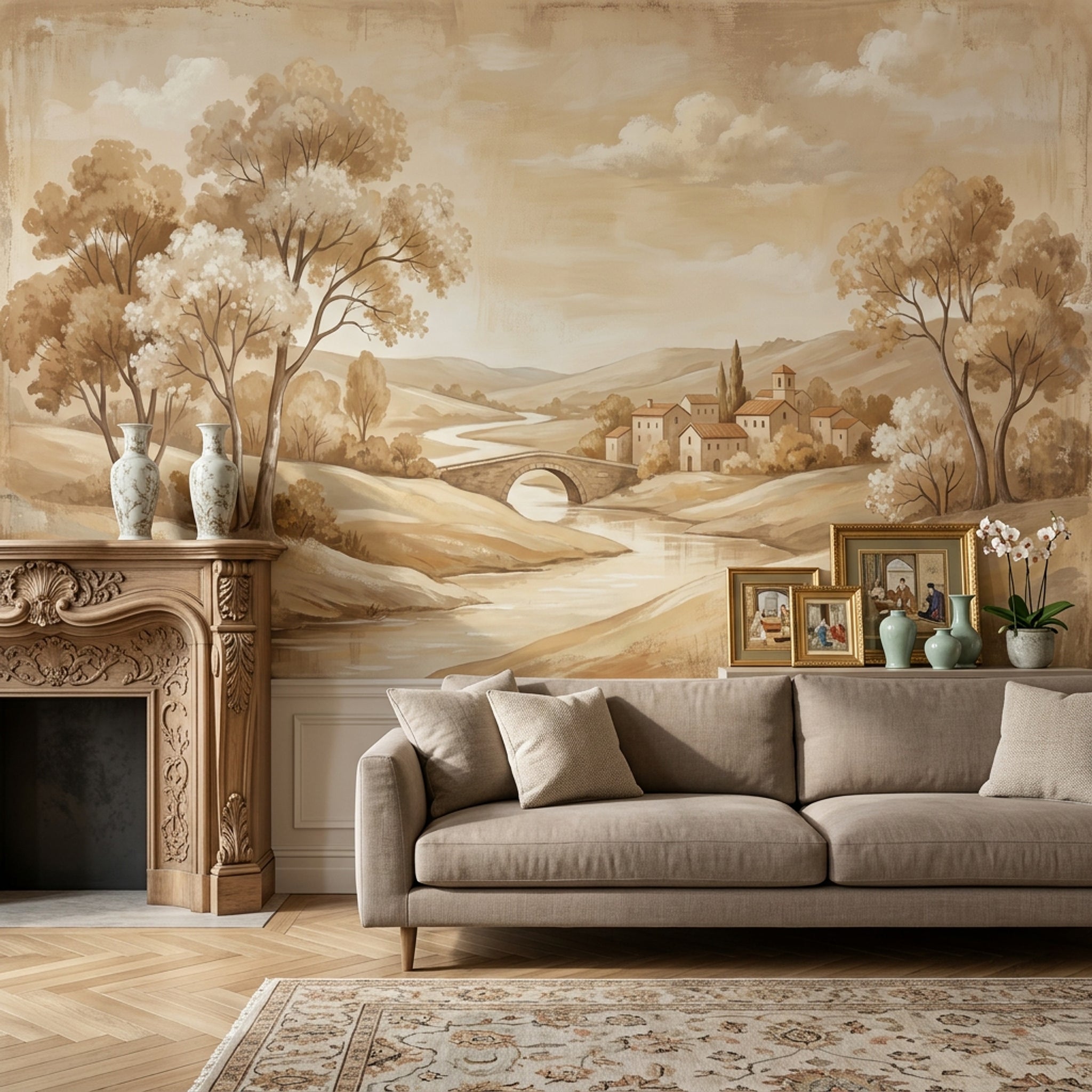 Pastoral Manzara Poster Duvar Kağıdı Bej Tonlu Salon Dekoru