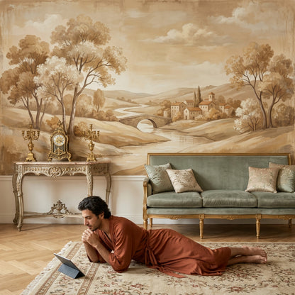 Pastoral Manzara Poster Duvar Kağıdı Bej Tonlu Salon Dekoru