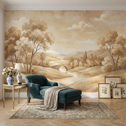 Pastoral Manzara Poster Duvar Kağıdı Bej Tonlu Salon Dekoru