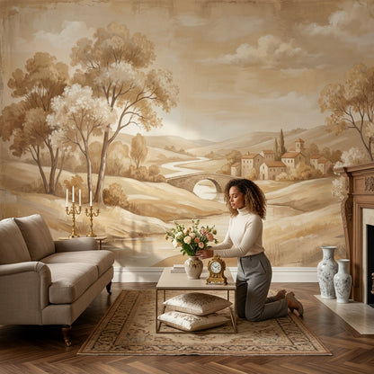 Pastoral Manzara Poster Duvar Kağıdı Bej Tonlu Salon Dekoru