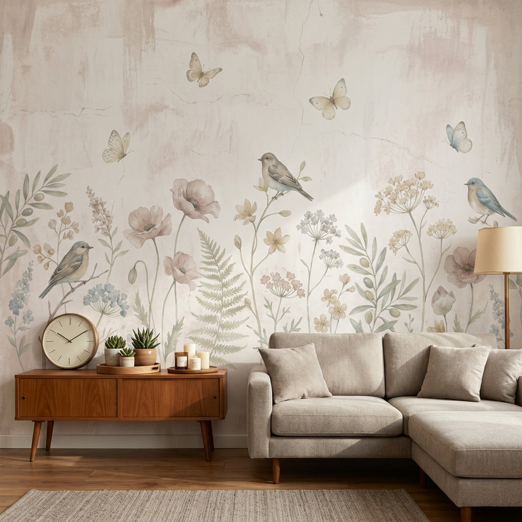 Kuş ve Çiçek Desenli Poster Duvar Kağıdı Pastel Bej Salon