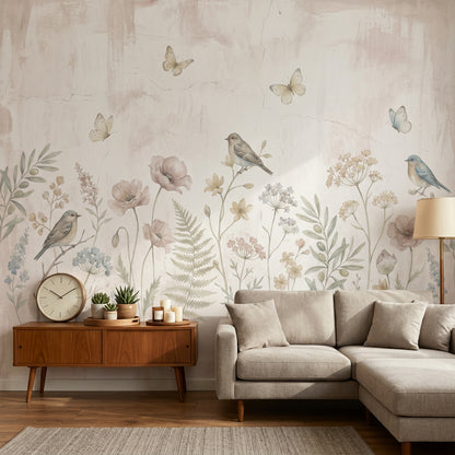 Kuş ve Çiçek Desenli Poster Duvar Kağıdı Pastel Bej Salon