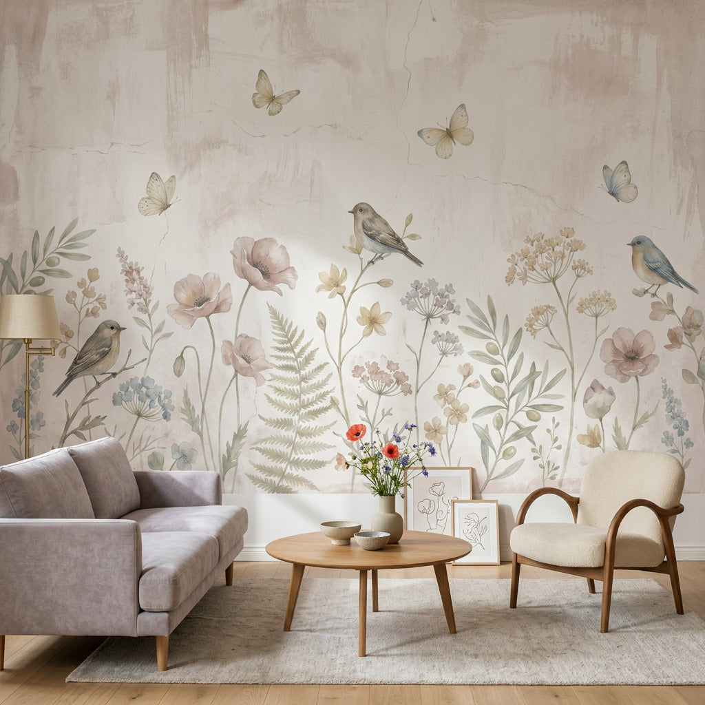 Kuş ve Çiçek Desenli Poster Duvar Kağıdı Pastel Bej Salon