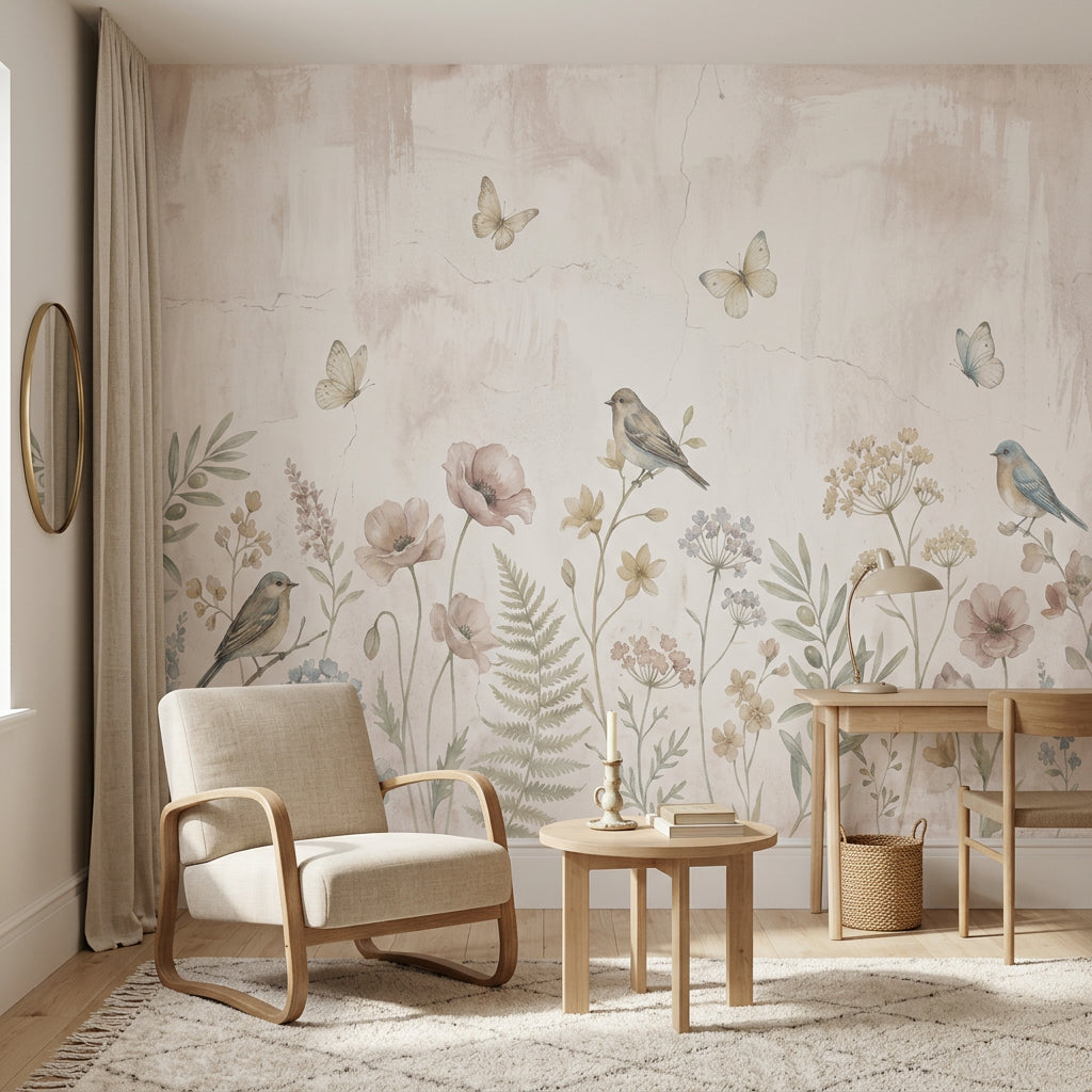 Kuş ve Çiçek Desenli Poster Duvar Kağıdı Pastel Bej Salon