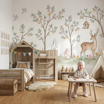 Orman Hayvanlı Poster Duvar Kağıdı Pastel Yeşil Çocuk Odası