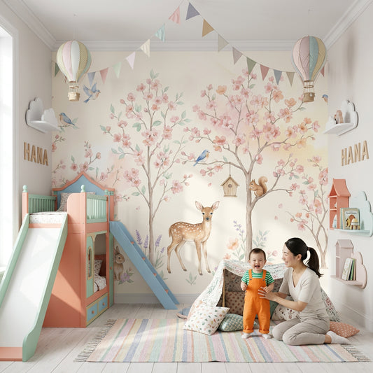 Çiçekli Orman Hayvanlı Poster Duvar Kağıdı Pastel Çocuk Odası