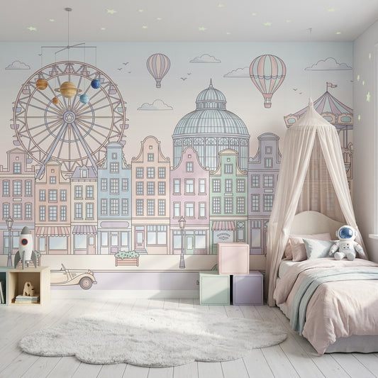 Pastel Şehir Manzaralı Poster Duvar Kağıdı Çocuk Odası Balonlu