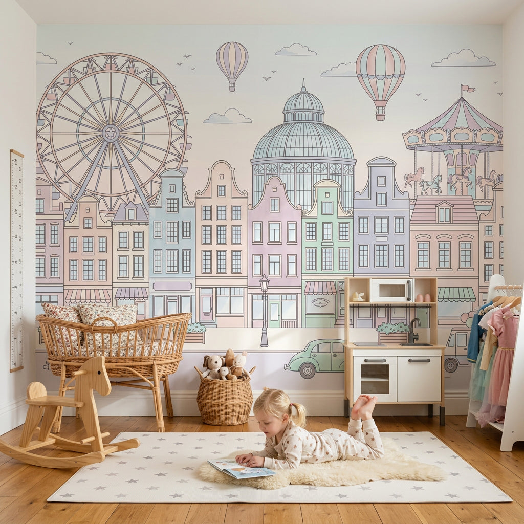 Pastel Şehir Manzaralı Poster Duvar Kağıdı Çocuk Odası Balonlu