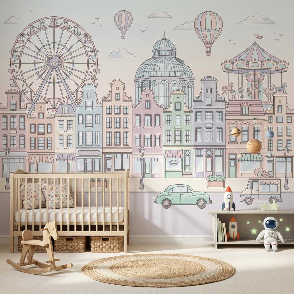 Pastel Şehir Manzaralı Poster Duvar Kağıdı Çocuk Odası Balonlu