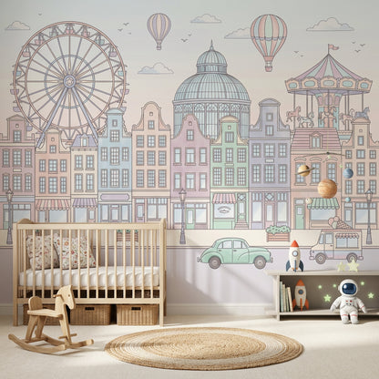 Pastel Şehir Manzaralı Poster Duvar Kağıdı Çocuk Odası Balonlu