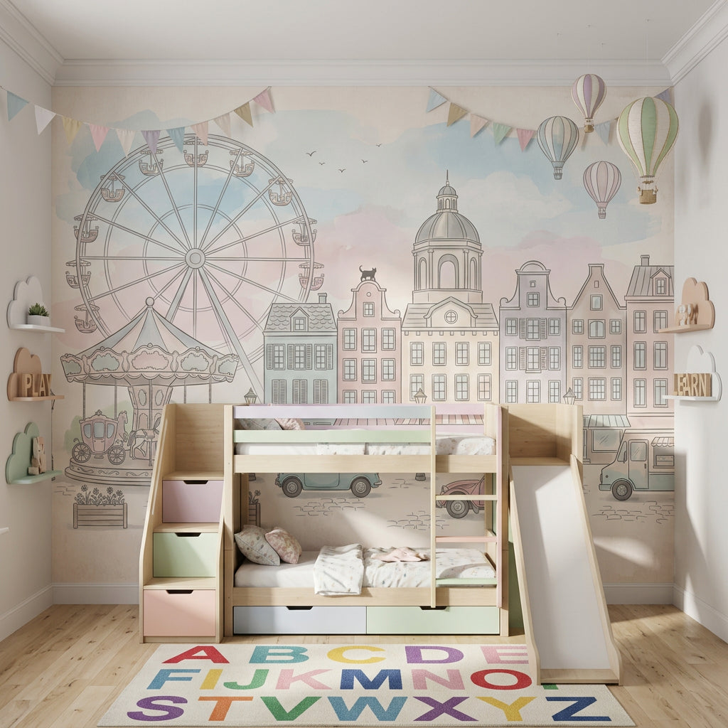 Lunapark Şehir Manzaralı Poster Duvar Kağıdı Pastel Çocuk Odası