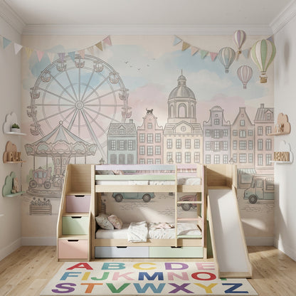 Lunapark Şehir Manzaralı Poster Duvar Kağıdı Pastel Çocuk Odası
