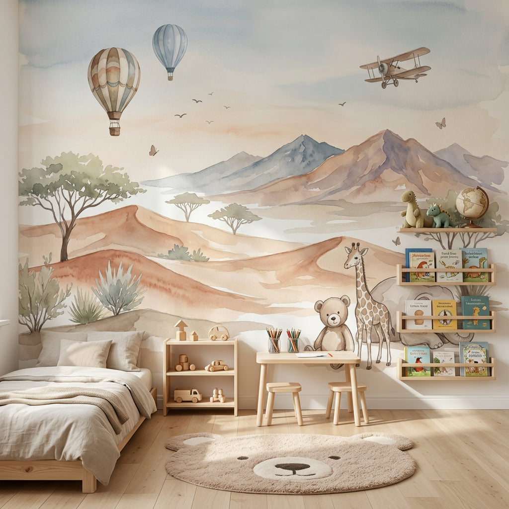 Safari Balonlu Poster Duvar Kağıdı Pastel Çocuk Odası Duvar Resmi