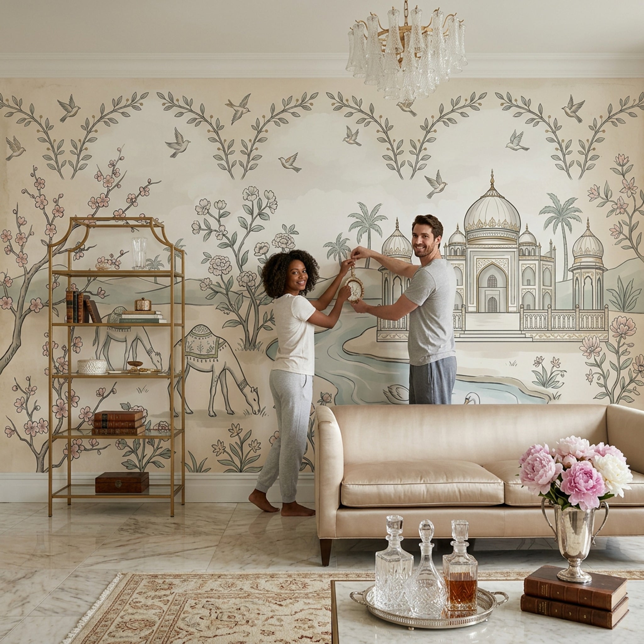 Saray ve Deve Desenli Poster Duvar Kağıdı Bej Salon