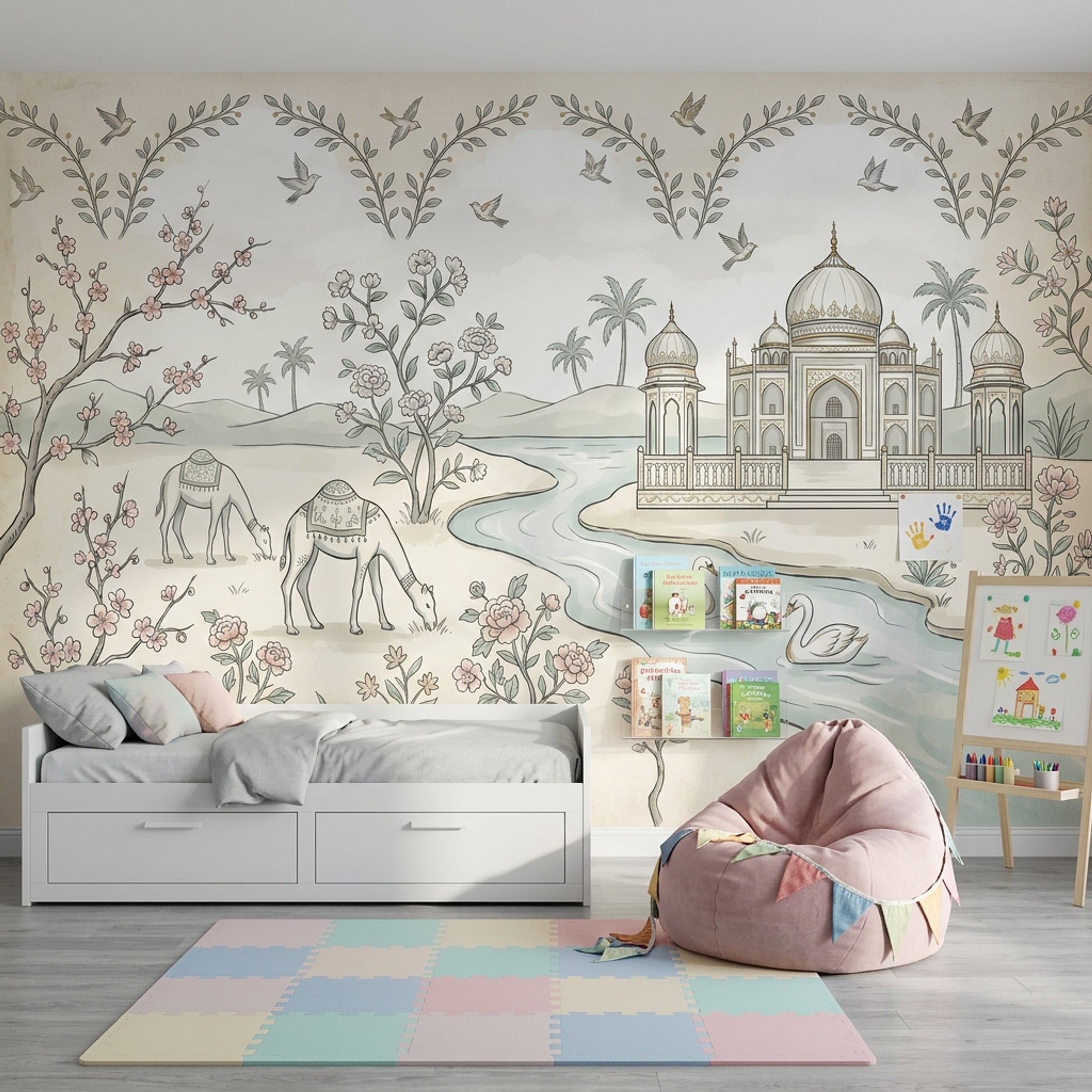 Saray ve Deve Desenli Poster Duvar Kağıdı Bej Salon