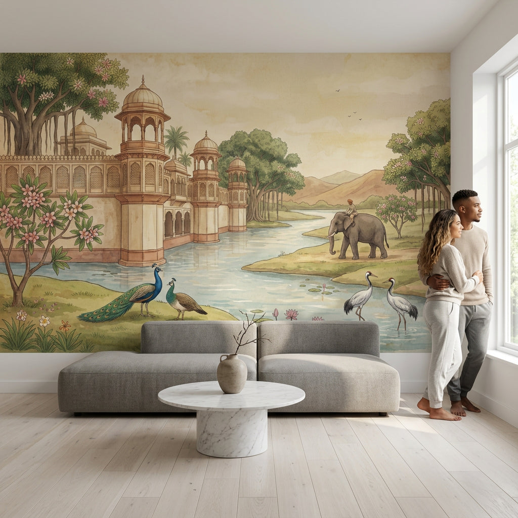 Saray ve Fil İllüstrasyonlu Poster Duvar Kağıdı Bej Salon