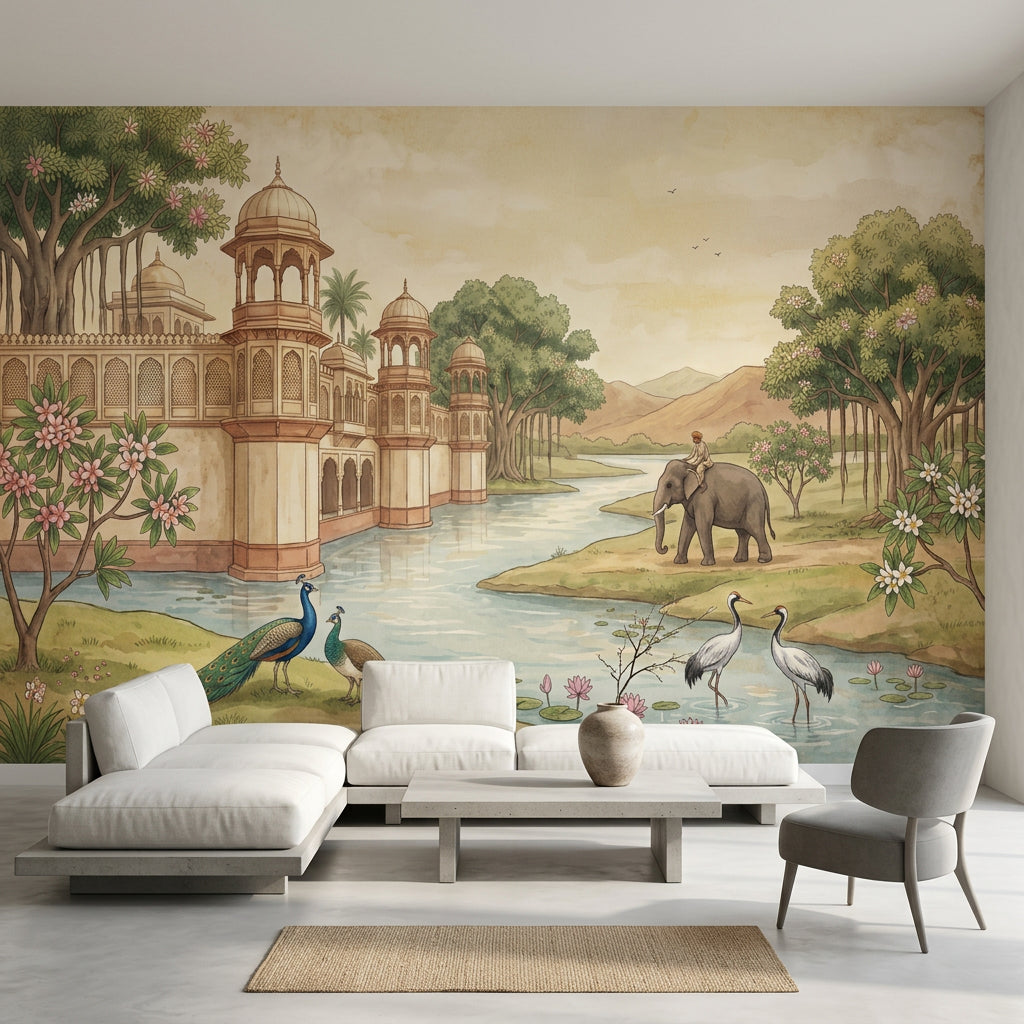 Saray ve Fil İllüstrasyonlu Poster Duvar Kağıdı Bej Salon