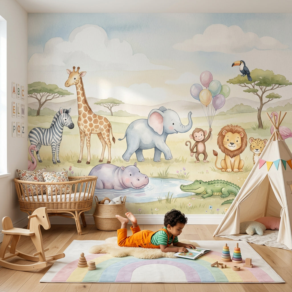 Safari Hayvanlı Poster Duvar Kağıdı Pastel Çocuk Odası Duvar Resmi