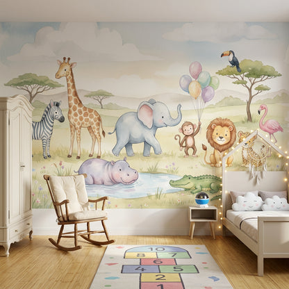 Safari Hayvanlı Poster Duvar Kağıdı Pastel Çocuk Odası Duvar Resmi