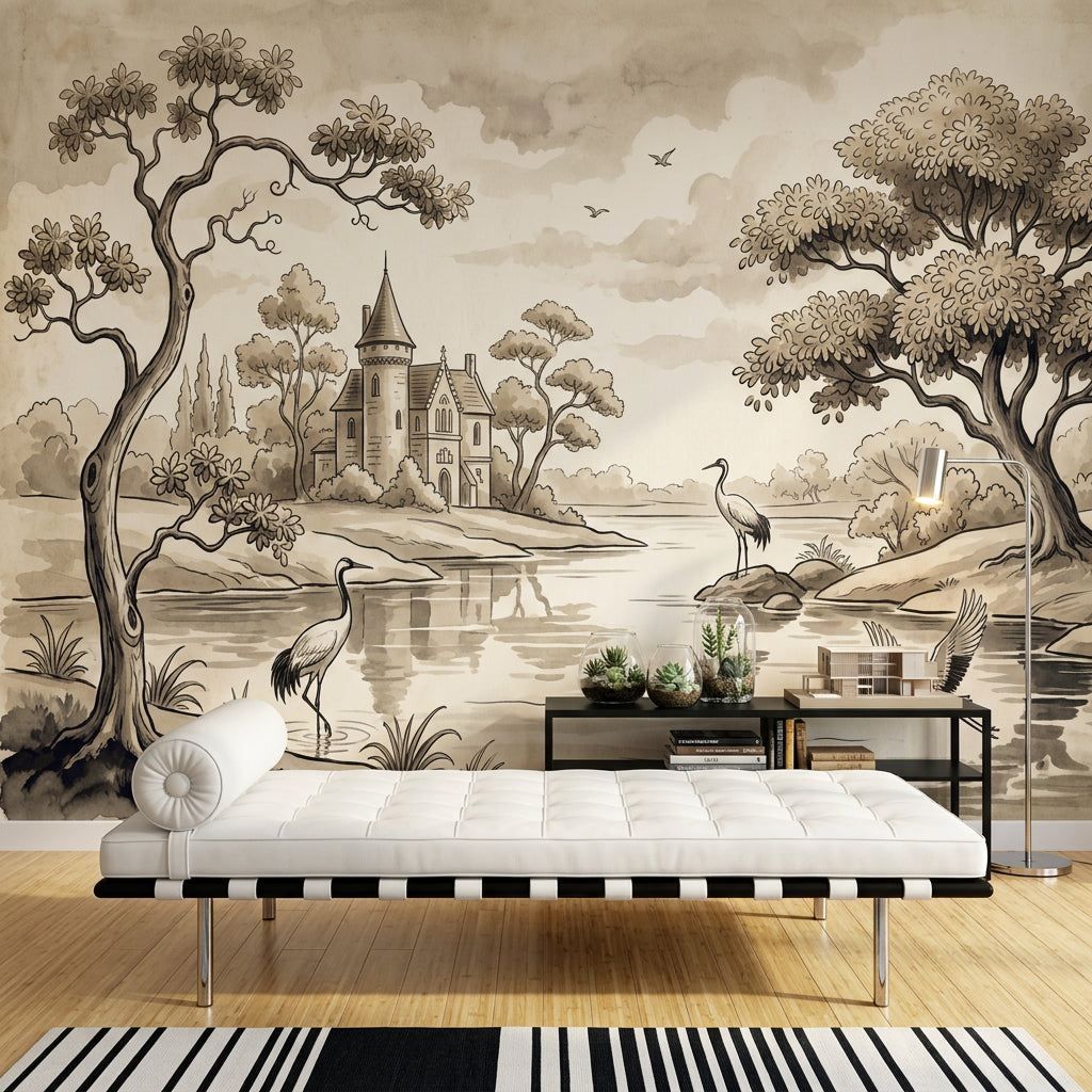 Nehir Kenarı Şato Poster Duvar Kağıdı Sepya Manzara Salon