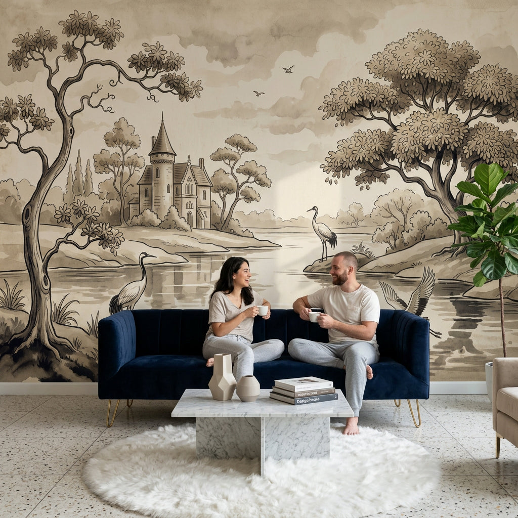 Nehir Kenarı Şato Poster Duvar Kağıdı Sepya Manzara Salon