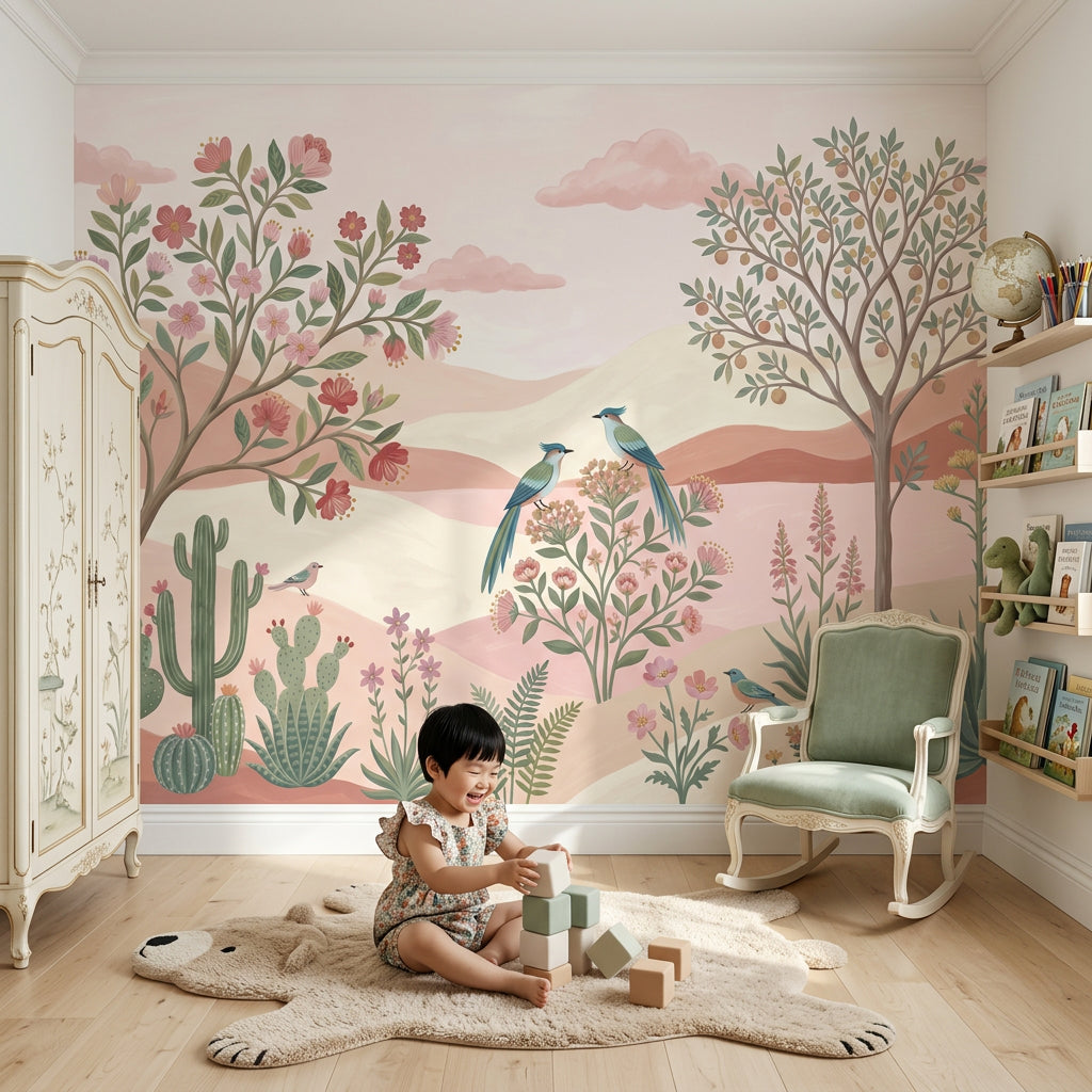 Pastel Kuş ve Çiçekli Poster Duvar Kağıdı Çocuk Odası