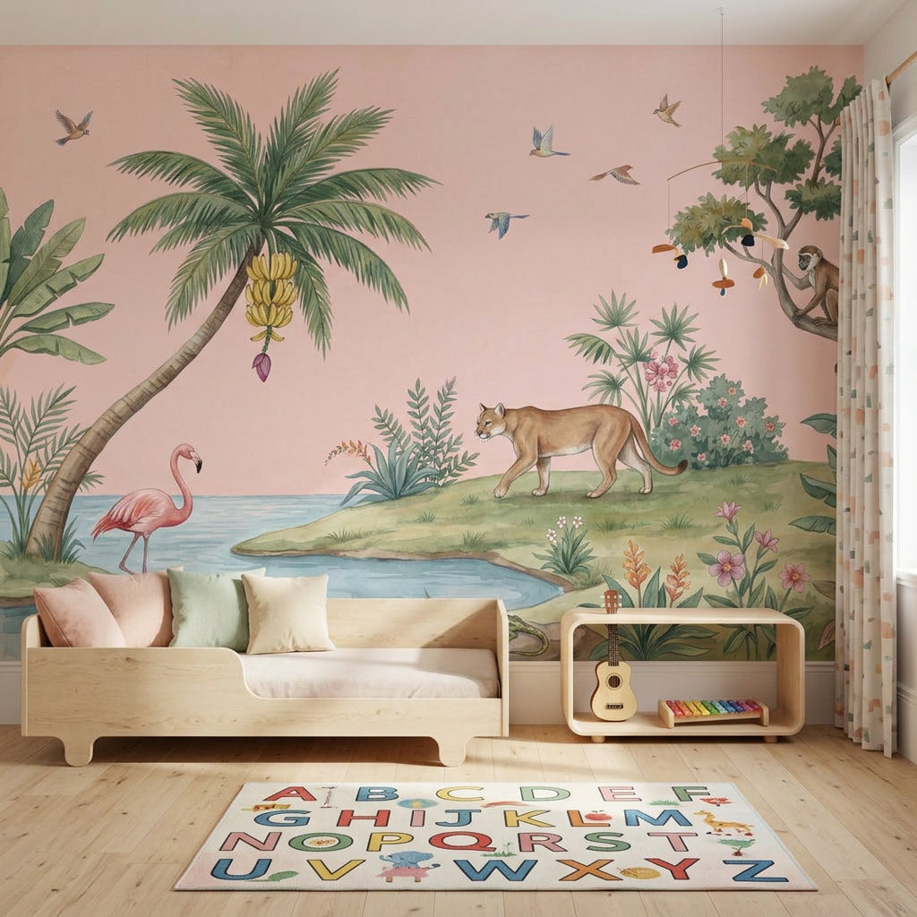 Tropikal Hayvanlı Poster Duvar Kağıdı Pastel Çocuk Odası Desenli
