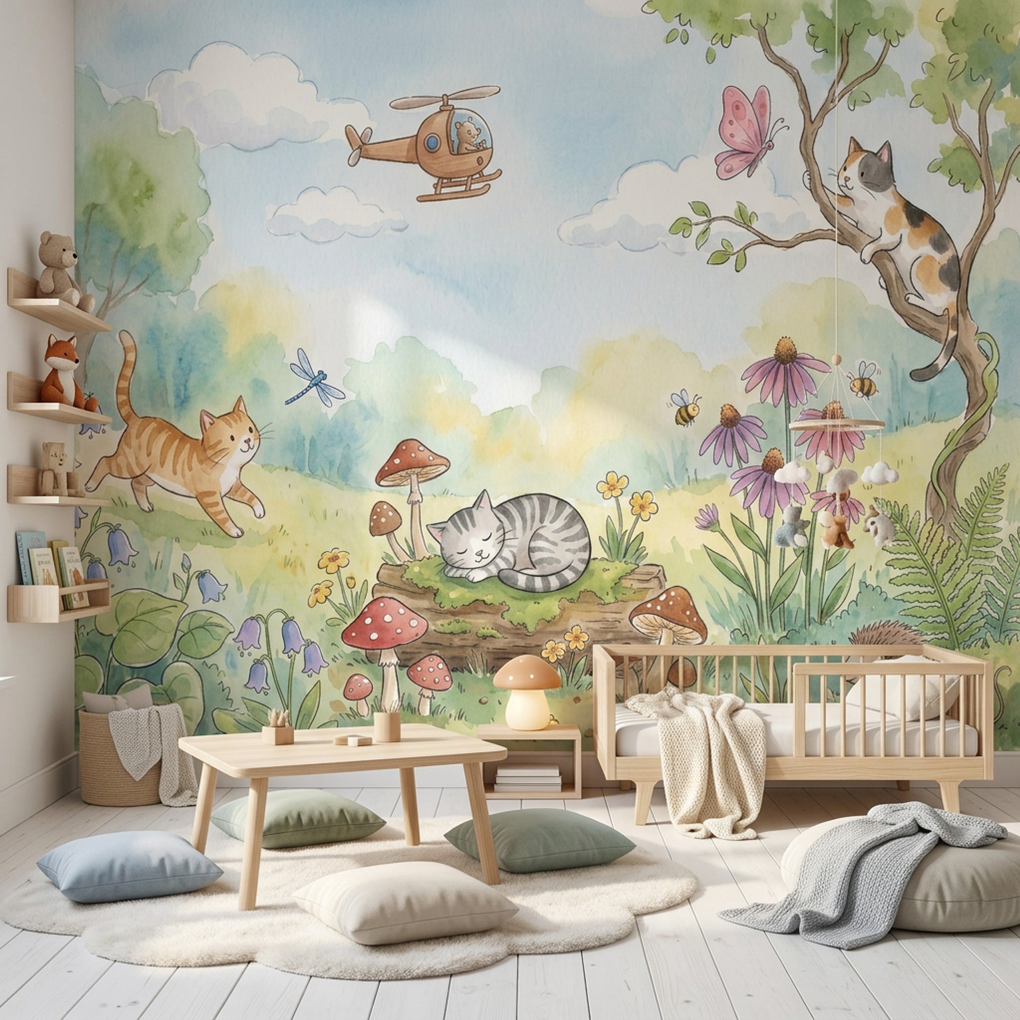 Sevimli Kedili Orman Poster Duvar Kağıdı Pastel Çocuk Odası