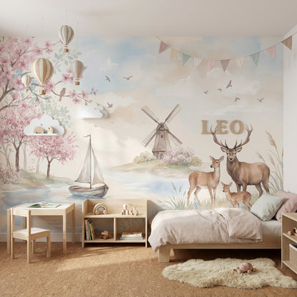 Geyikli Pastoral Poster Duvar Kağıdı Pembe Çiçekli Çocuk Odası