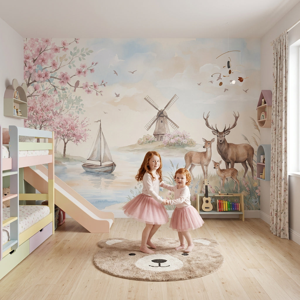 Geyikli Pastoral Poster Duvar Kağıdı Pembe Çiçekli Çocuk Odası