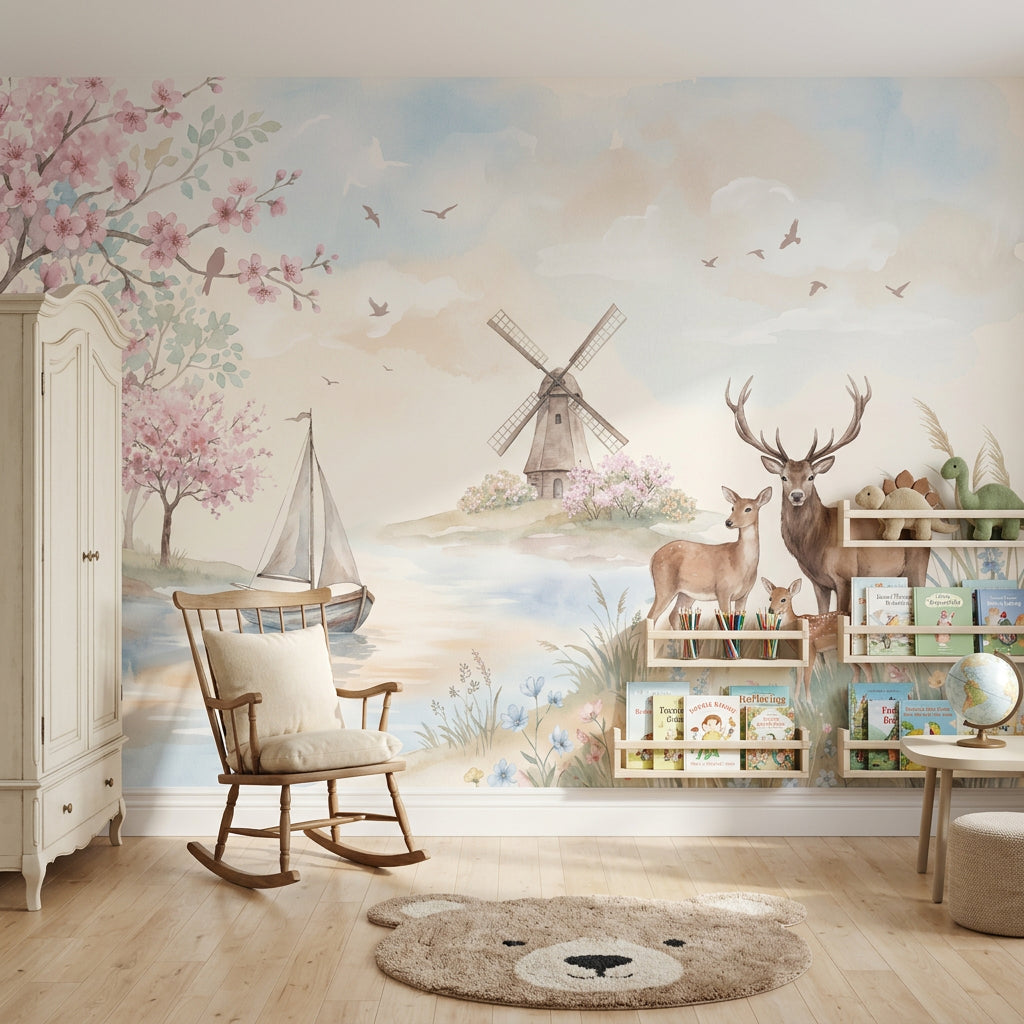 Geyikli Pastoral Poster Duvar Kağıdı Pembe Çiçekli Çocuk Odası