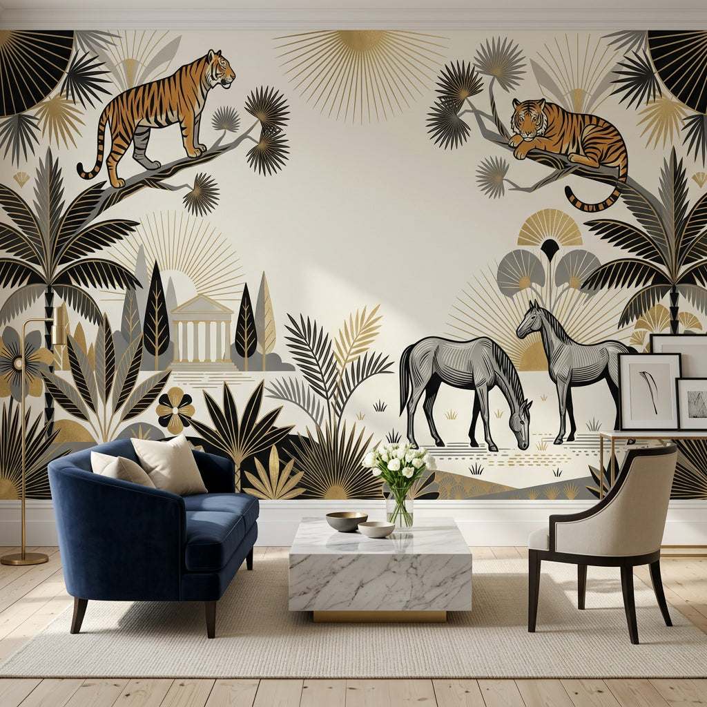 Kaplan ve Atlı Poster Duvar Kağıdı Bej Gold Salon