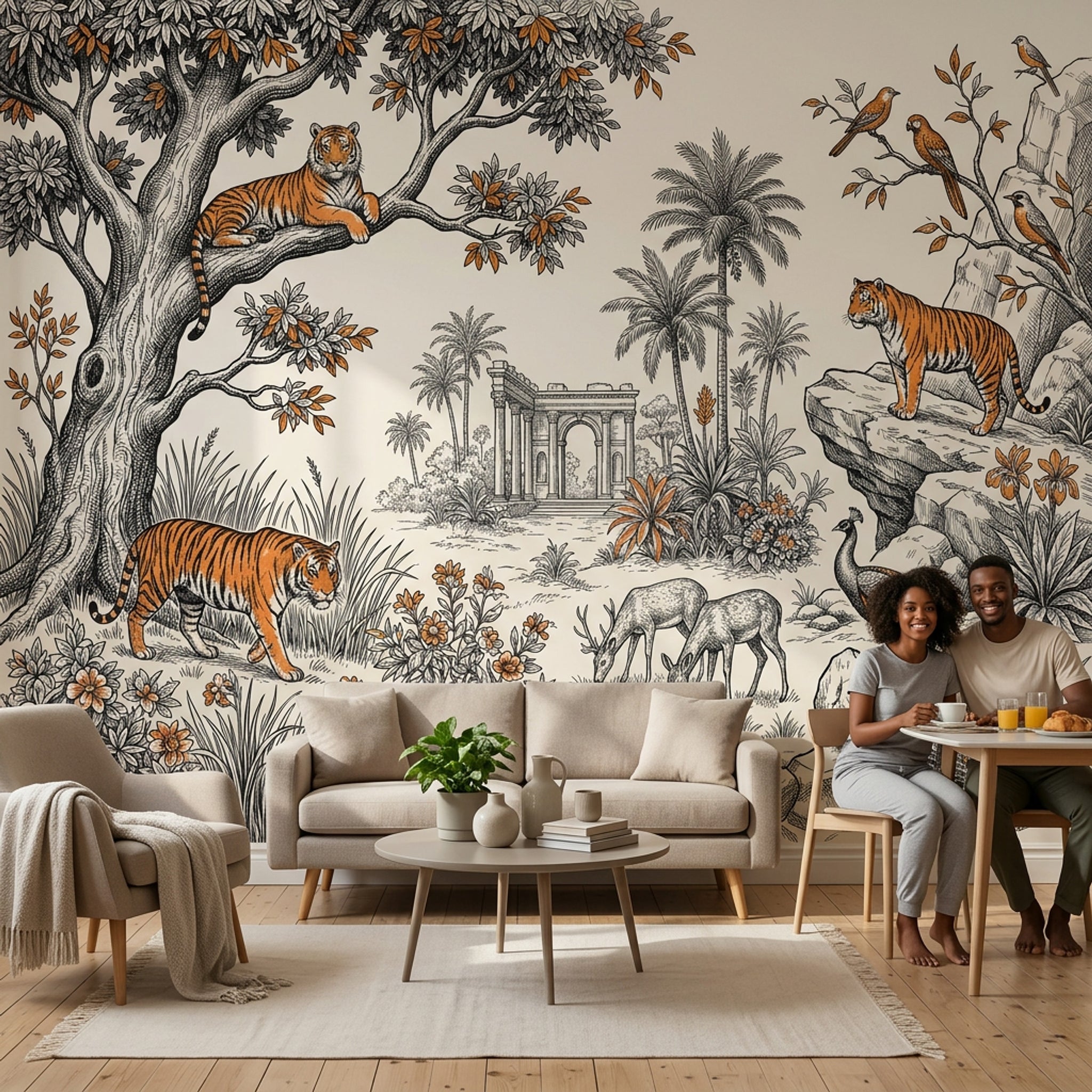 Kaplanlı Orman Poster Duvar Kağıdı Bej Turuncu Desenli Salon