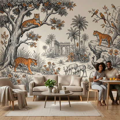 Kaplanlı Orman Poster Duvar Kağıdı Bej Turuncu Desenli Salon