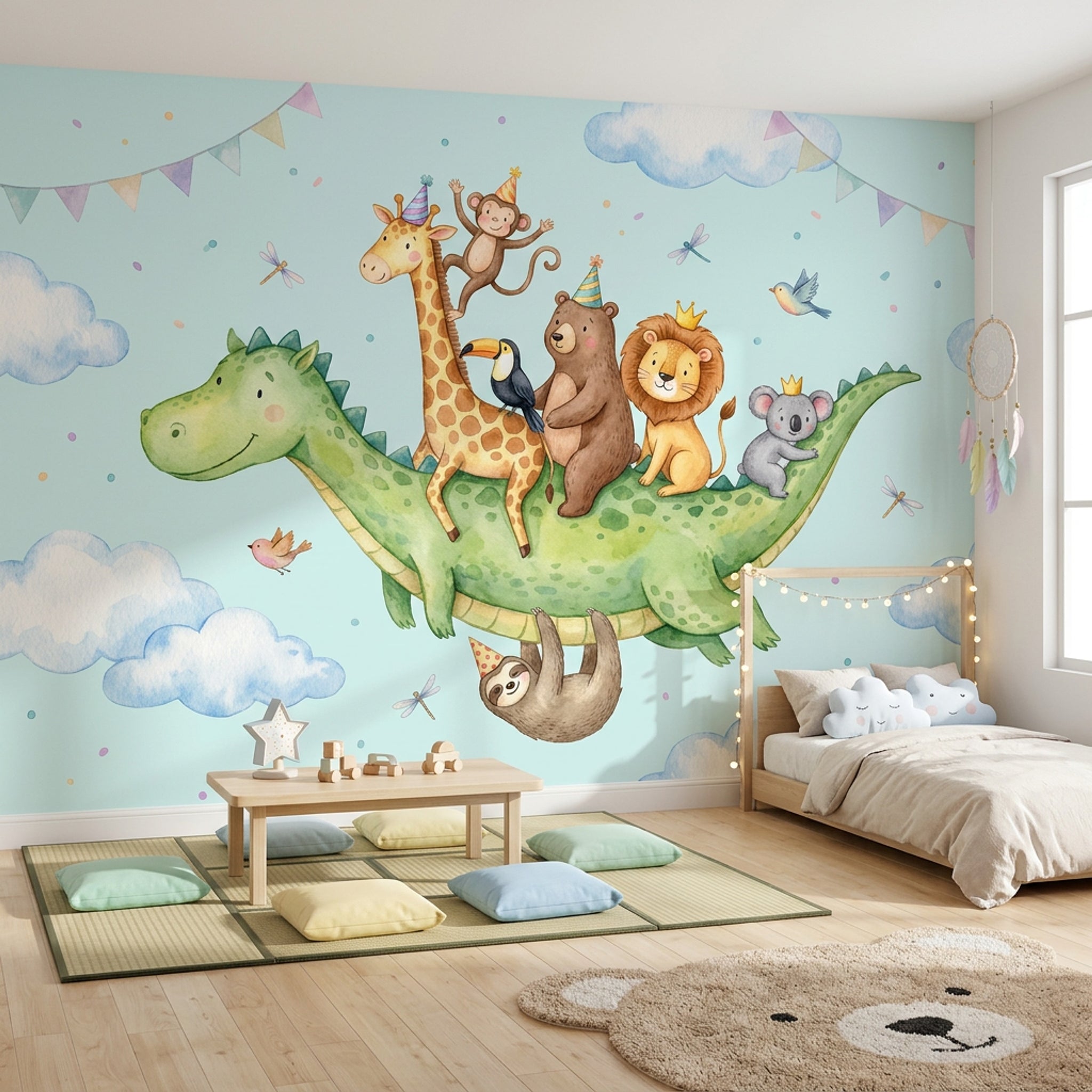 Dinozor ve Orman Hayvanları Poster Duvar Kağıdı Mavi Çocuk Odası